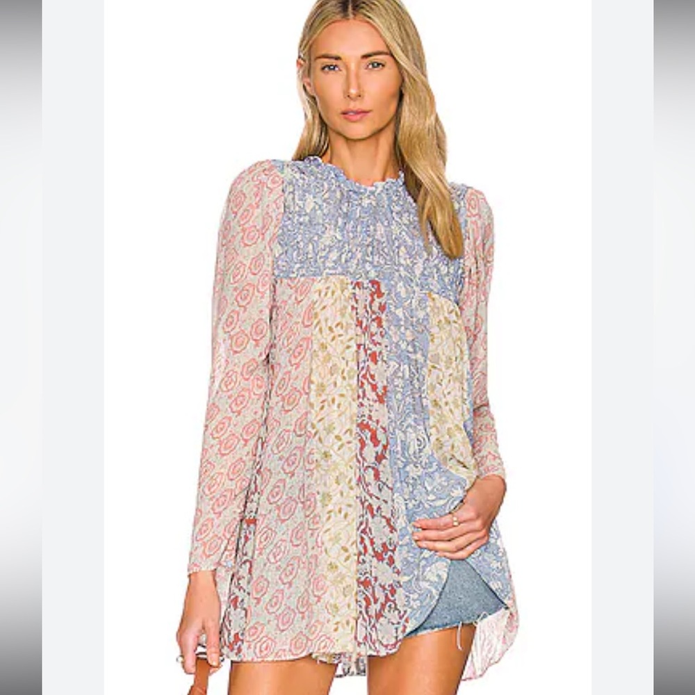 Merrie Mix Print Tunic in Lilac Combo FREE‎ PEOPLE Floral Long Sleeve Tunic Top